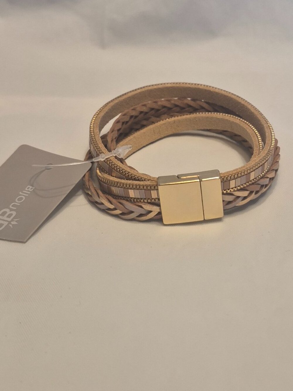 NWT Bijou Brigitte Designer Braided Leather Magnetic Closure Bracelet